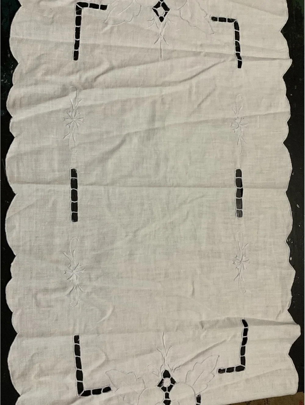 Vintage White Linen Embroidered Table Runner with Cutwork 32 1/2” x 14”